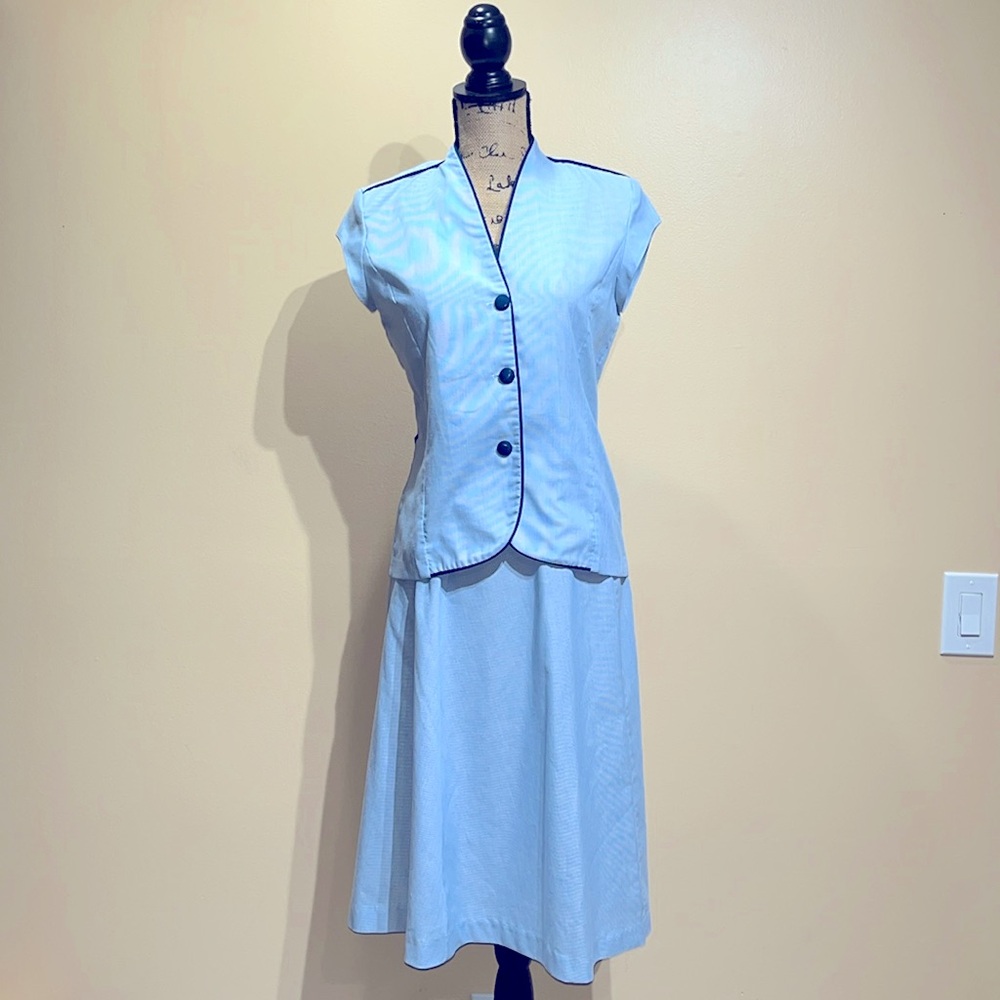 Vintage Powder Blue Top And Skirt Set V-neck Button Front Top with A-line Skirt